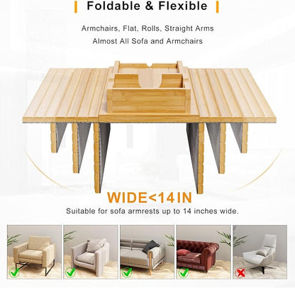 Bestjing Bamboo Sofa Armrest Tray - Couch Arm Tray with Detachable Couch Cup Holder - 2 in 1 Anti-Slip Foldable Sofa Armchair Caddy Table for Drinks Cellphone TV Remote Snacks