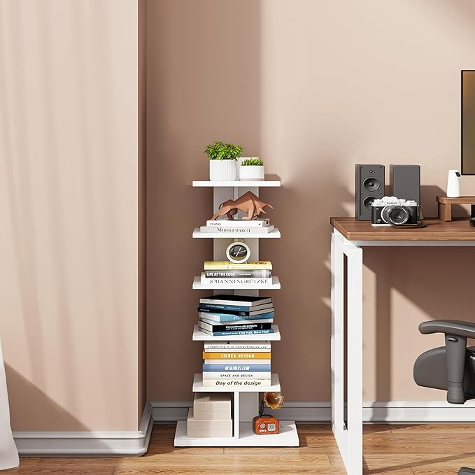 TUTOTAK Narrow Bookshelf, 6-Tier Bookcase, Spine Book Shelf for Small Space, Corner Standing Shelf for Living Room, Office, Study, Entryway, White BS06BW016