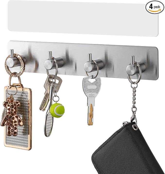 Key Holder with 4 Hooks,Key Hanger Organizer for Wall Mount with 2 Self-Adhesive Tapes,Metal Key Rack for Entryway, Door, Bathroom, Kitchen(Silver)