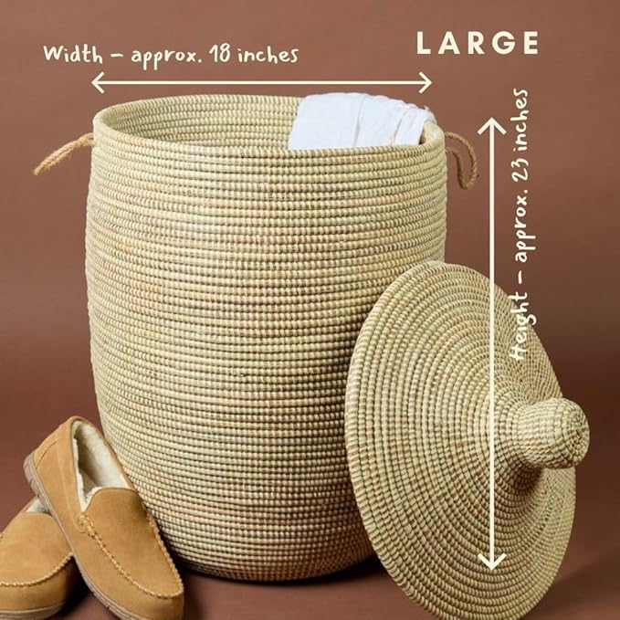 Natural Beige Laundry Basket with Hooded Lid, Bedroom Hamper, Nursery Toys Bin, Living Room Blankets Storage, Decorative, Wicker, Sturdy, Round, Handles, African, Hand Woven, Made in Senegal (Large)
