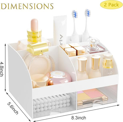 Makeup Organizer with 2 Drawers, Cosmetic Storage for Dresser Vanity and Bathroom Countertop,Make up organization and Skincare Storage with Beauty Brush Holder, Cosmetic Display Case 2Pcs White