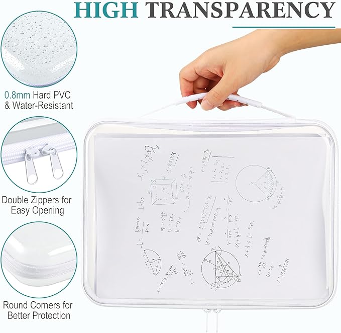 Sanwuta 4 Pcs Clear Hard Zipper Case with Handle Office Storage Cases Hard Plastic Pouches Transparent Bins for Crafts, Snacks, Cosmetics, Puzzles(12.6 x 9 x 2 Inches,White)