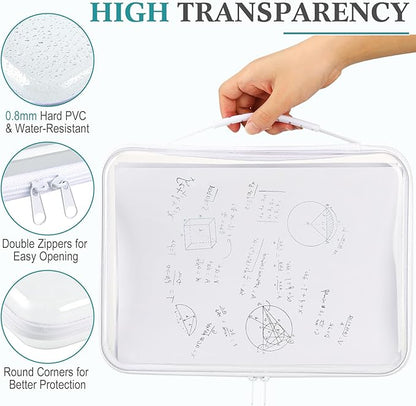 Sanwuta 4 Pcs Clear Hard Zipper Case with Handle Office Storage Cases Hard Plastic Pouches Transparent Bins for Crafts, Snacks, Cosmetics, Puzzles(12.6 x 9 x 2 Inches,White)