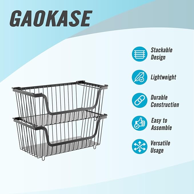 GAOKASE 6 Pcs Stackable Wire Baskets for Pantry Organizers and Storage,Vegetable Fruit Basket for Countertop,Kitchen Storage Metal Baskets,Produce Potato Onion Storage Bin,Black
