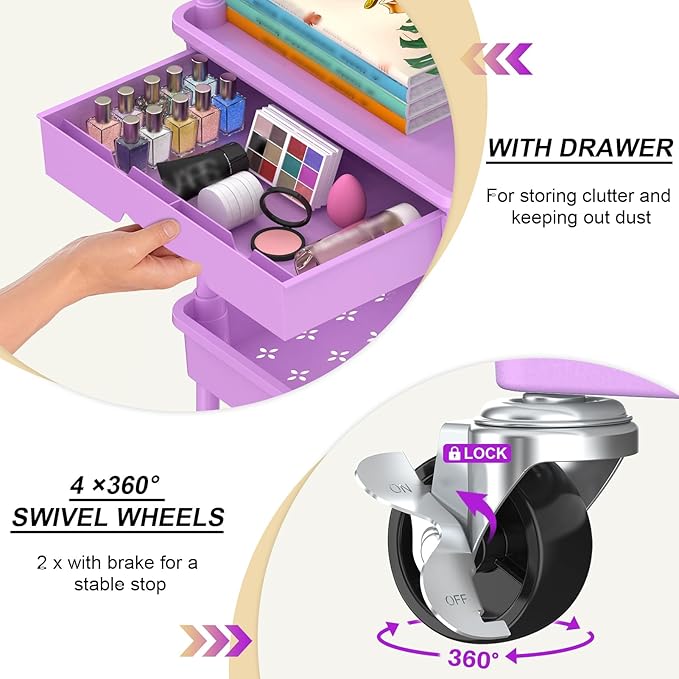 Goovilla Kitchen Cart with Drawers, 4 Tier Rolling Utility Cart Organizer on Lockable Wheels, Purple Fruit Vegetable Storage Rack Also for Cans, Snack, Craft, Art, Office, Beauty