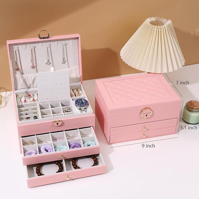 GUOER Jewelry Box for Women Girl Wife 3 Layers Large PU Leather Jewelry Organizer Storage Case with Two Layers Display for Earrings Bracelets Rings Watches PINK