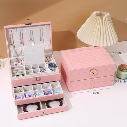 GUOER Jewelry Box for Women Girl Wife 3 Layers Large PU Leather Jewelry Organizer Storage Case with Two Layers Display for Earrings Bracelets Rings Watches PINK