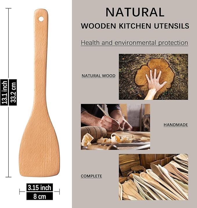 2pcs Wooden Spatulas for Cooking, 13inch Coated Beech Wood Turners for Frying, Non-Scratch Flat Spurtle for Pan & Wok, Cooking Utensils for Non Stick Cookware, Long Handle Scraper