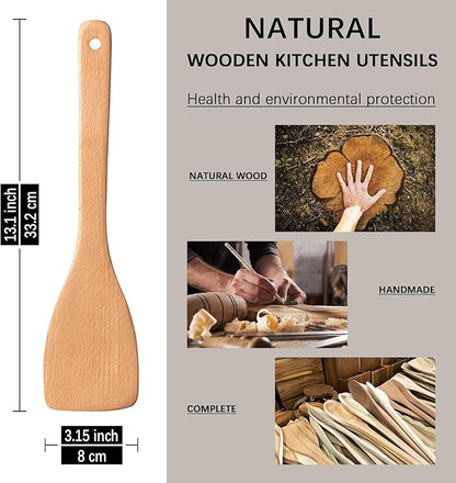 2pcs Wooden Spatulas for Cooking, 13inch Coated Beech Wood Turners for Frying, Non-Scratch Flat Spurtle for Pan & Wok, Cooking Utensils for Non Stick Cookware, Long Handle Scraper