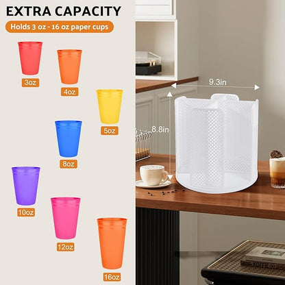 Rotating Paper Cup Dispenser with 4 Compartments, Disposable Coffee Cup Storage & Lid Holder for Countertops, Kitchen, Coffee Stations (White)