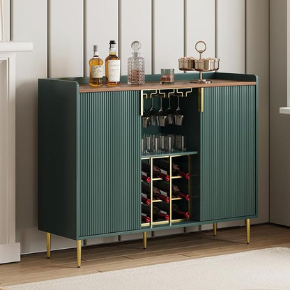 ARTPOWER 48" Wine Bar Cabinet with Fluted Texture, Modern Buffet Sideboard with Wine Rack and Glass Holder, Liquor Coffee Station with Storage for Kitchen, Living Room, Home Bar, Green