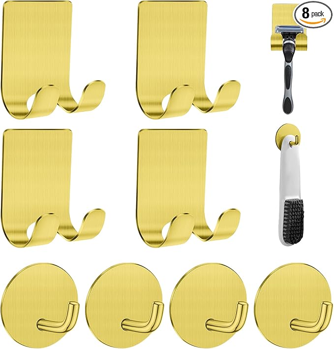 Razor Holder for Shower + Adhesive Wall Hooks, Premium 304 Stainless Steel Shower Razor Holder with Heavy Duty Waterproof Sticky Hooks for Hanging Towels, Coat, hat (4+4 Pack) - Gold