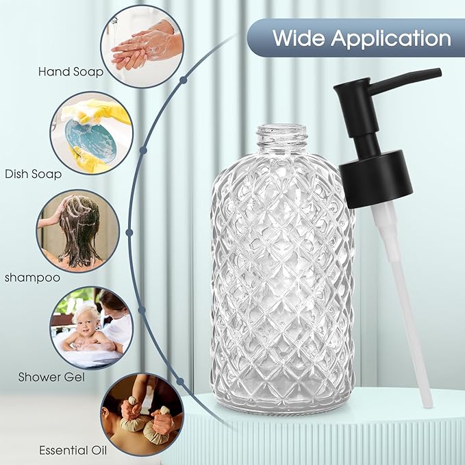 Topsky Gem Glass Soap Dispenser with Black Plastic Pump, 13oz Liquid Hand Soap Dispenser, Rustproof Pump for Kitchen & Bathroom, Great for Lotions, Essential Oil, Liquid Soaps-Clear
