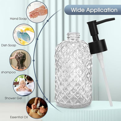 Topsky Gem Glass Soap Dispenser with Black Plastic Pump, 13oz Liquid Hand Soap Dispenser, Rustproof Pump for Kitchen & Bathroom, Great for Lotions, Essential Oil, Liquid Soaps-Clear