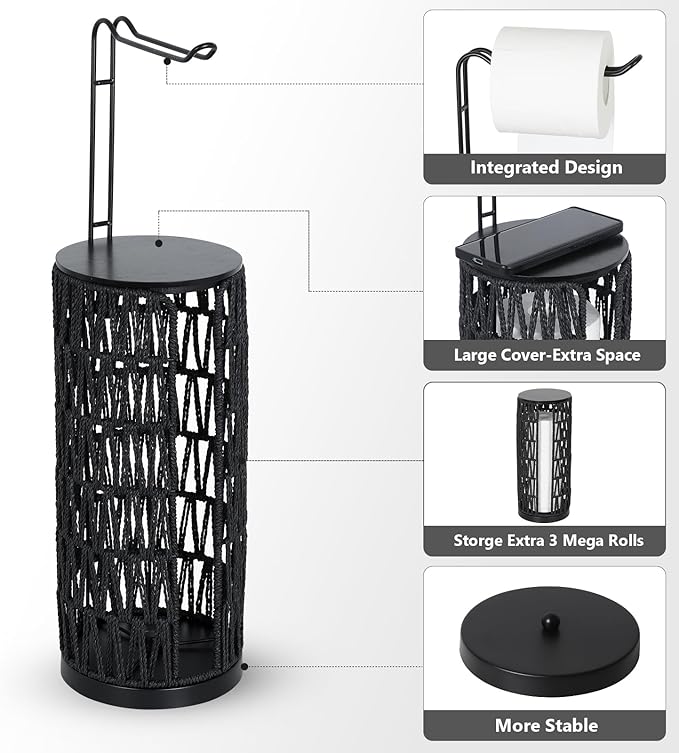 Black Freestanding Toilet Paper Holder with Storage,3 Rolls of Tissue Holder for Bathroom,Handmade Woven Toilet Paper Roll Holder Stand,Rattan Sturdy Boho Bathroom
