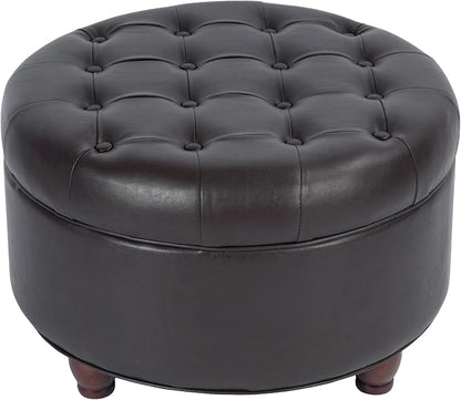 Homepop Home Decor | Button Tufted Faux Leather Round Storage Ottoman | Ottoman with Storage for Living Room & Bedroom (Distressed Brown)