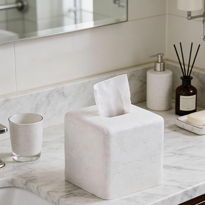 White Sandstone Tissue Box Cover Square for Home Decor,Resin Heavy Tissue Box Holder for Bathroom Countertop,Tabletop,Bedside Table,Office (Handmade of Resin)