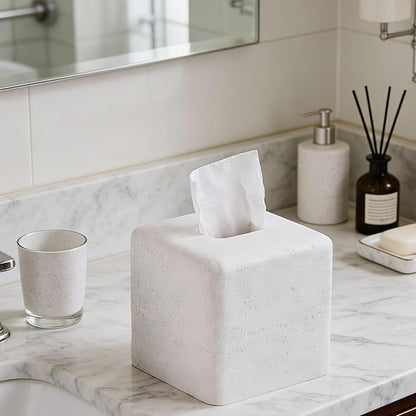White Sandstone Tissue Box Cover Square for Home Decor,Resin Heavy Tissue Box Holder for Bathroom Countertop,Tabletop,Bedside Table,Office (Handmade of Resin)