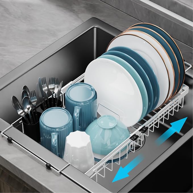 GSlife Over Sink Dish Drying Rack - Large Expandable Stainless Steel in Sink Dish Drainer with Square Corners, Rust Resistant with Lock Knob, Heavy Duty Fit for Modern Single & Double Sinks, Silver