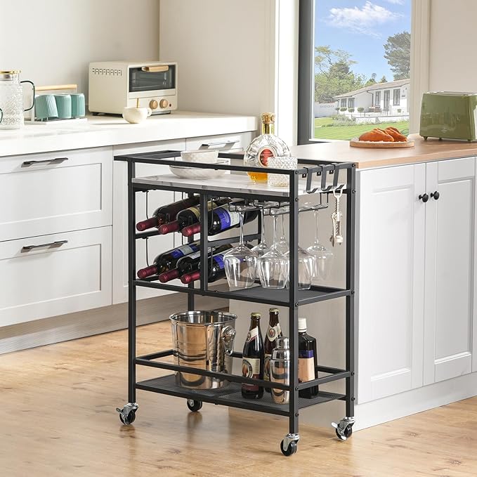 Bar Cart for Home, 3-Tier Serving Cart with Wheels and Handle, Beverage Cart with Wine Rack and Glass Holders, Rolling Wine Cart for Kitchen, Dining Room, Marble and Black RCHM6101