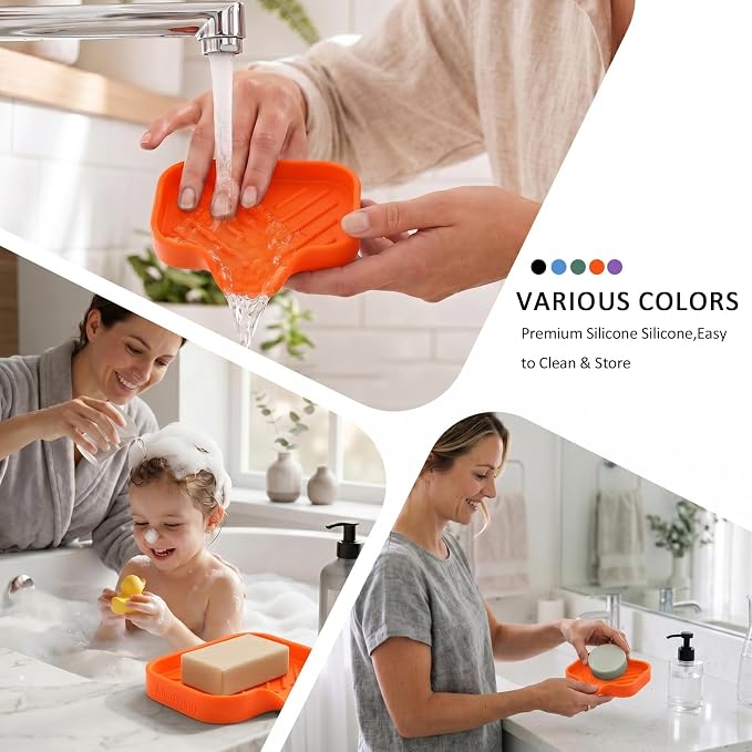 MicoYang Silicone Soap Dish with Drain Spout, Self-Draining Sink Organizer Tray for Bathroom and Kitchen, Sponges, Dispensers and Soap Holder, Non-Slip and Dishwasher Safe, Orange (Compact, 4.9"×3.2")