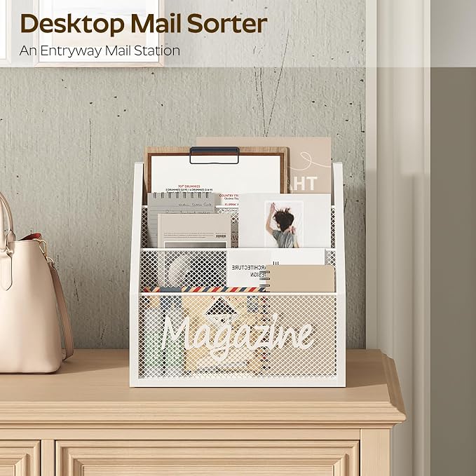 YATINEY Magazine Holder, Wood Magazine Rack Floor, Mail Organizer Countertop, Magazine Mail Holder Sorter, Record Holder for Magazines, Books, Newspapers, Tablets, White MR02WW