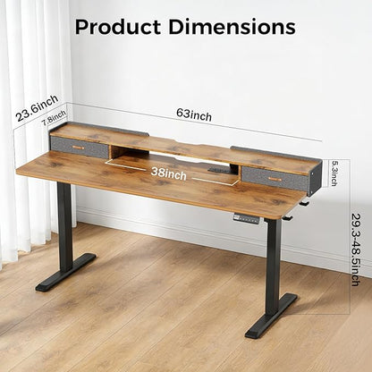 Electric Standing Desk with Drawers, 63 Inch Height Adjustable Desk with Power Outlets & LED Lights, Sit Stand Table with Monitor Stand for Home, Office, Rustic Brown