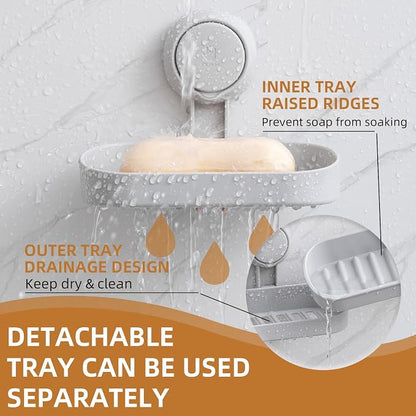LEVERLOC Soap Dish Holder for Shower Suction Cup Wall Mounted Self Draining NO-Drilling Removable Bar Soap Sponge Holder for Bathroom Bathtub Kitchen Sink Waterproof Strong Vacuum Suction, Grey