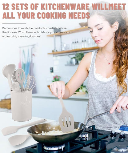 Kitchen Utensils Set-12 Pieces Silicone Cooking Utensils Set (Dishwasher Safe) 392°F Heat Resistant Spatula Set, Nonstick Cookware