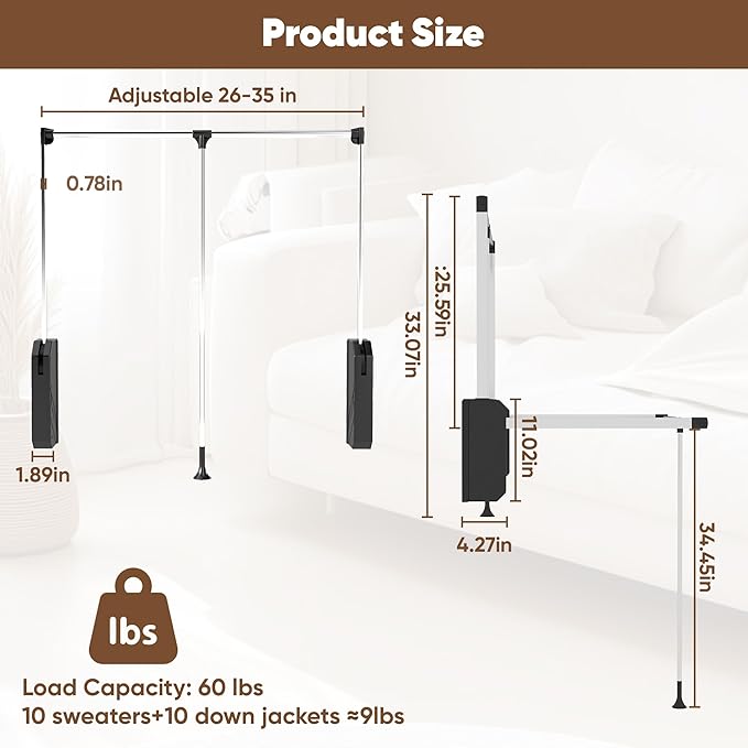 Pull Down Closet Rod Adjustable Width 26-35 Inches Floating Shelves Liftable Clothes 60lbs Hanger Heavy Duty Wardrobe Organizer Adjustable Home Clothes Storage Side & Back Mounted Closet Pole