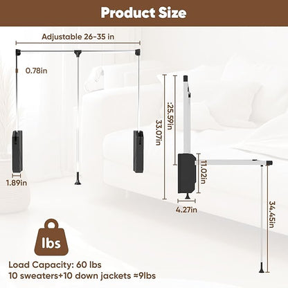 Pull Down Closet Rod Adjustable Width 26-35 Inches Floating Shelves Liftable Clothes 60lbs Hanger Heavy Duty Wardrobe Organizer Adjustable Home Clothes Storage Side & Back Mounted Closet Pole