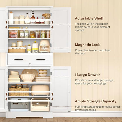 TEENFON Tall Storage Cabinet with 2 Adjustable Shelves & 1 Large Drawer, Kitchen Pantry Cabinet with 4 Doors, Bathroom Storage Cabinets, for Living Room, Kitchen, Bathroom, White