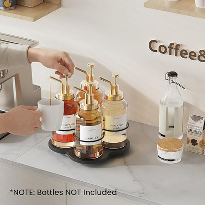 THYGIFTREE Rotating Coffee Syrup Organizer 4 Bottles Syrup Rack Dispenser16.9oz for Countertop Wood Bottle Holder Stand for Coffee Bar Station, Black