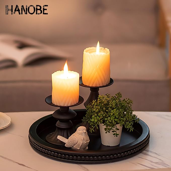 Hanobe Decorative Serving Tray Wood: Black Bead Round Tray for Coffee Table Rustic Wooden Trays Decor Farmhouse Kitchen Counter Circle Tray Vintage Centerpiece for Living Room Home Organizer