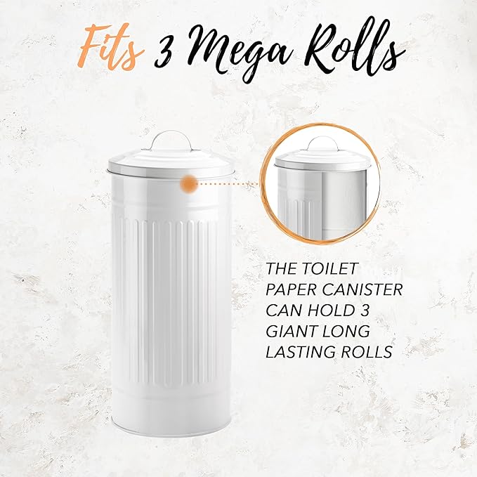Autumn Alley White Toilet Paper Holder Canister with Lid – Vertical Rustproof Free-Standing Farmhouse Metal Toilet Tissue Caddy for 3 Mega Rolls, Rustic Enclosed Toilet Storage Stand