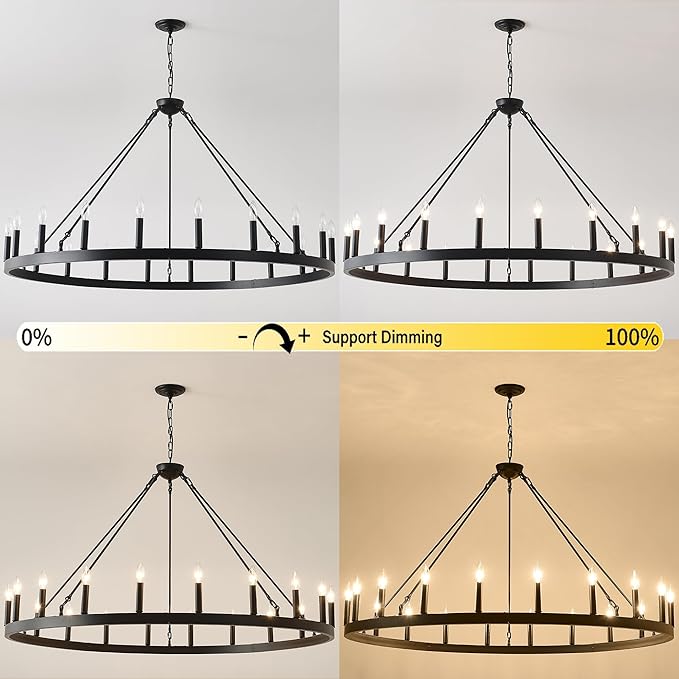 53 Inch Black Extra Large Wagon Wheel Chandelier, 20-Lights Farmhouse Industrial Round High Ceiling Pendant Light Adjustable Chain for Outdoor Porch,Foyer,Dining Room, Living Room