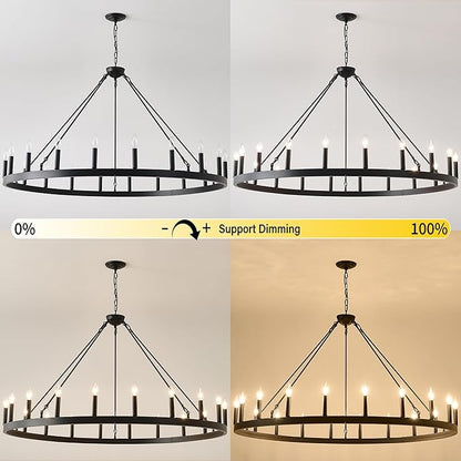 53 Inch Black Extra Large Wagon Wheel Chandelier, 20-Lights Farmhouse Industrial Round High Ceiling Pendant Light Adjustable Chain for Outdoor Porch,Foyer,Dining Room, Living Room
