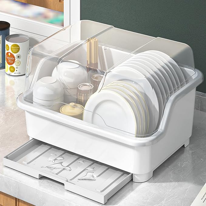 Dish Drying Rack, Plastic Plate Cup Dryer Holder with Lid Removable Drainboard, Cutlery Utensil Dish Nursing Bottle Organizer for Tableware, Kitchen Cabinet