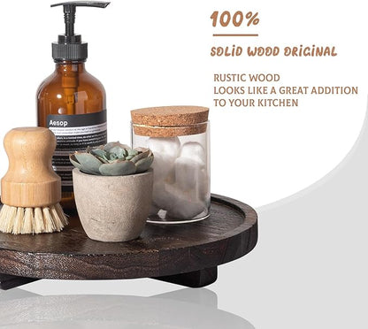 Round Decorative Tray Wood Bathroom Counter Organizer Farmhouse Kitchen Decor Wooden Riser for Soap Dish, Perfume, Candle, Sponge, 10" - Dark Brown