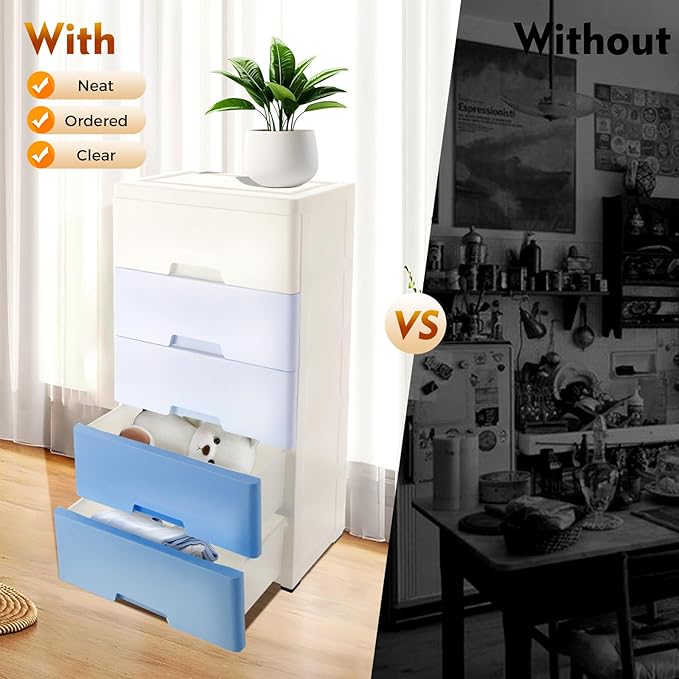 Plastic Dresser for Bedroom with 5 Drawers,Stackable Vertical Storage Tower, Small Dresser Chest of Drawers, Mobile Drawer Storage Cabinet with Wheels for Hallway Entryway,Bedroom Furniture (Blue)
