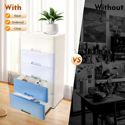 Plastic Dresser for Bedroom with 5 Drawers,Stackable Vertical Storage Tower, Small Dresser Chest of Drawers, Mobile Drawer Storage Cabinet with Wheels for Hallway Entryway,Bedroom Furniture (Blue)