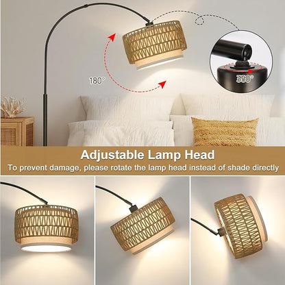 Rattan Floor Lamp, Arc Floor Lamps for Living Room, Farmhouse Standing Lamp with Adjustable Hanging Fabric Shade, Tall Pole Lamp with Foot Switch, Over Couch Arched Reading Light for Bedroom, Office