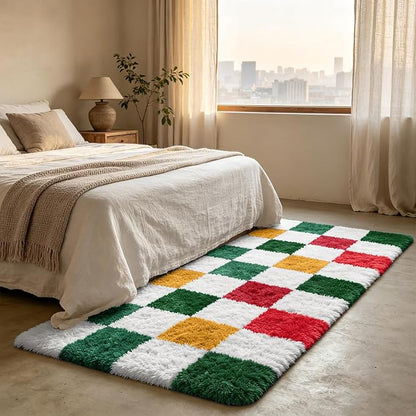 Shag Runner Rug for Bedroom Living Room 3x7 Upgrade Non-Slip Fluffy Soft Bedside Rugs,Checked Shaggy Carpet for Livingroom Dorm Home Decor Aesthetic
