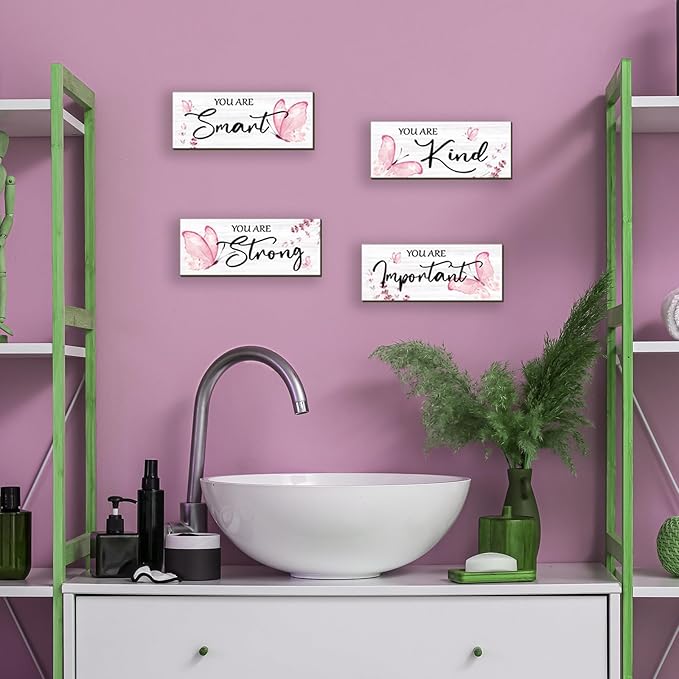 DONFENTHY 4 Pcs Butterfly Wall Decor Pink Room Decor Wooden Positive Butterfly Decor with Inspirational Word Sign for Teen Girls Women Room Bathroom Bedroom Office(Pink,10x4 Inch)