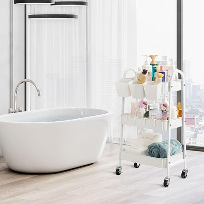 danpinera 3-Tier Rolling Cart, Utility Cart Mobile Metal Rolling Storage Cart with Lockable Wheels & Hanging Cups & Hooks for Kitchen, Bathroom, Office, Workshop, White