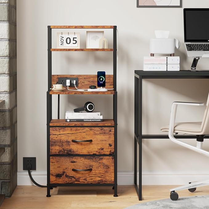 Furnulem Night Stand, Tall Nightstand with 4-Tier Shelves, 2 Fabric Drawers and LED Lights, Bed Side Tables with Charging Station, Bedside Table for Bedroom, Office, Rustic Brown