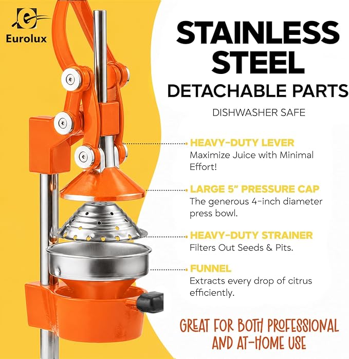 Eurolux Ultra-Premium Cast Iron Juicer | Extra-Large, Heavy Duty, Commercial Grade, Stainless Steel Manual Hand Press Citrus Squeezer For Fresh Orange Juice, Pomegranate, Lemon, and Much More (Orange)