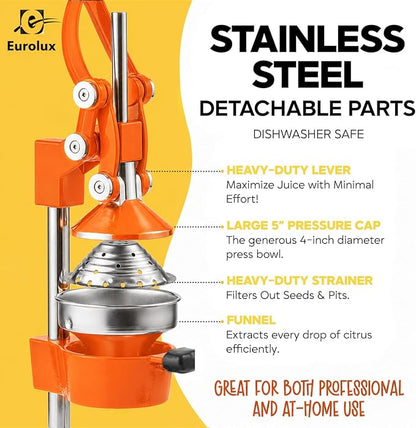 Eurolux Ultra-Premium Cast Iron Juicer | Extra-Large, Heavy Duty, Commercial Grade, Stainless Steel Manual Hand Press Citrus Squeezer For Fresh Orange Juice, Pomegranate, Lemon, and Much More (Orange)