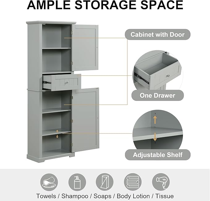 Bathroom Storage Cabinet, Tall Cabinet with Adjustable Shelf | Tall bathroom storage cabinet, 2 enclosed cabinets and middle pull-out compartment keep daily essentials organized