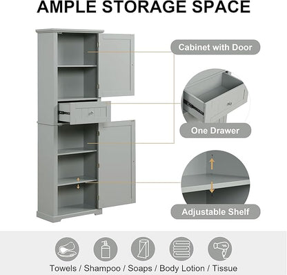 Bathroom Storage Cabinet, Tall Cabinet with Adjustable Shelf | Tall bathroom storage cabinet, 2 enclosed cabinets and middle pull-out compartment keep daily essentials organized